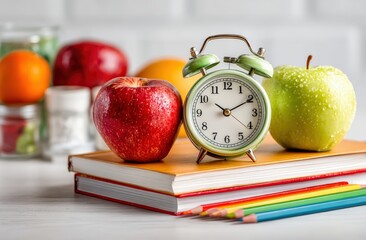 Alarm clock is placed on books next to fresh apples, suggesting a healthy back to school routine with balanced nutrition and timely schedule