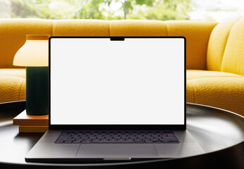Laptop Mockup with Blank White Screen in Lounge