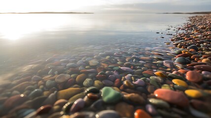Close-up of colorful pebbles on a lake shore stones