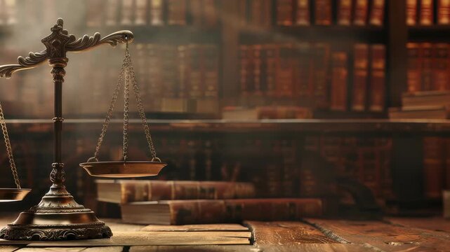 An antique scale rests against backdrop aged books, evoking law, justice,, scholarly pursuit. The dimly lit scene creates atmosphere tradition, solemn deliberation