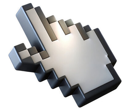Retro pixelated computer mouse cursor glowing against a dark background