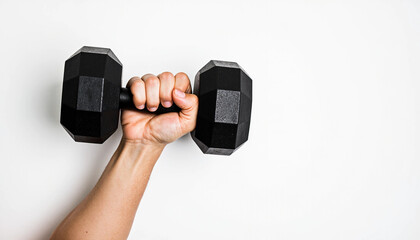 Strong hand holding a black dumbbell against a white background – fitness and strength training.