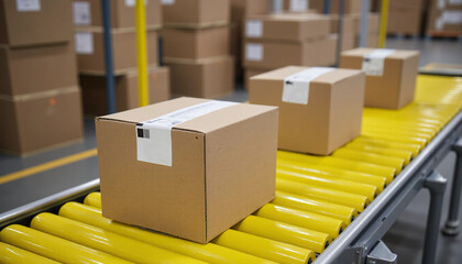 Cardboard boxes moving on a conveyor belt for efficient logistics in a modern warehouse