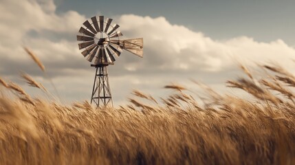 Vintage windpump in golden wheat field