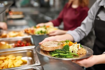 Close up of a canteen worker serving a plate of grilled meat, vegetables and rice in a self service restaurant