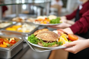 Close up of hands holding plates with burgers, vegetables and fruits, during lunch break in school canteen, with soup containers in background
