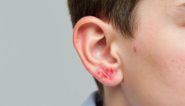 Close-up of a person's bleeding earlobe with a fresh wound, showing a painful injury