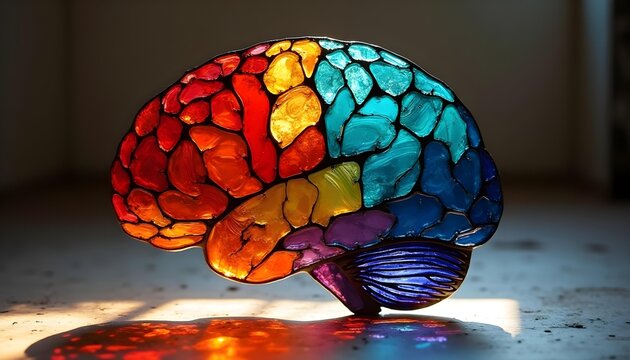 Glowing stained glass brain lamp near wall with colorful light spill symbolizing neurodiversity autism ADHD inclusion therapy awareness research and mental health care