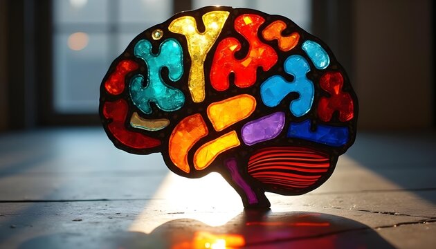 Glowing stained glass brain lamp near wall with colorful light spill symbolizing neurodiversity autism ADHD inclusion therapy awareness research and mental health care - Powered by Adobe