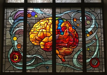 Circular stained glass brain window in gold and pink hues symbolizing neurodiversity autism ADHD spectrum awareness therapy and mental health inclusion