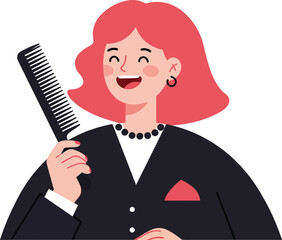 Woman with red hair holding a black comb smiling in casual style vector illustration 