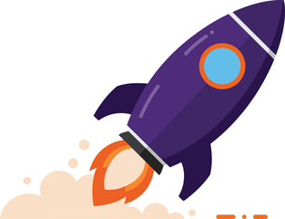 Purple rocket launching with orange flame and smoke vector illustration in flat style 