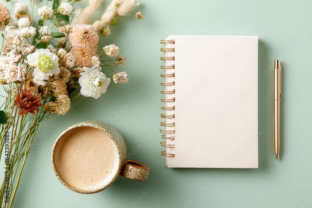 Poster minimalist flat lay composition of a workspace with a blank notebook page, coffee and dried flowers,