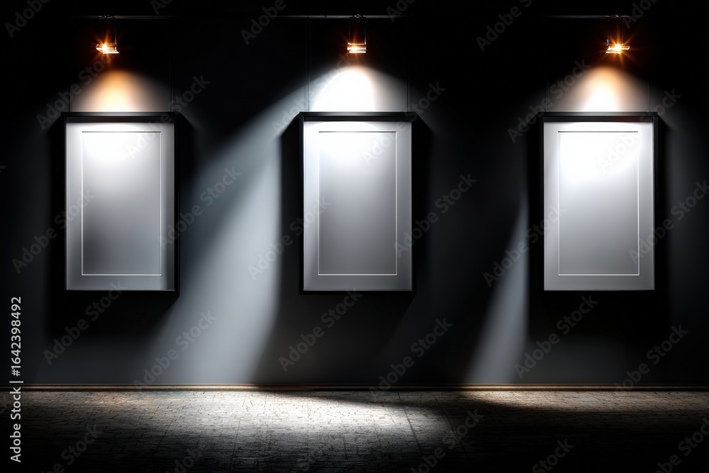 Poster three empty white frames illuminated by spotlights in a dark gallery room create a dramatic and myst