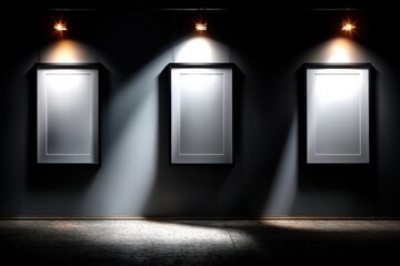 Three empty white frames illuminated by spotlights in a dark gallery room create a dramatic and mysterious atmosphere