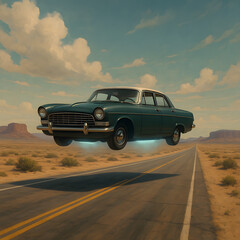 Classic 1960s Vintage Car Hovering Over Desert Highway