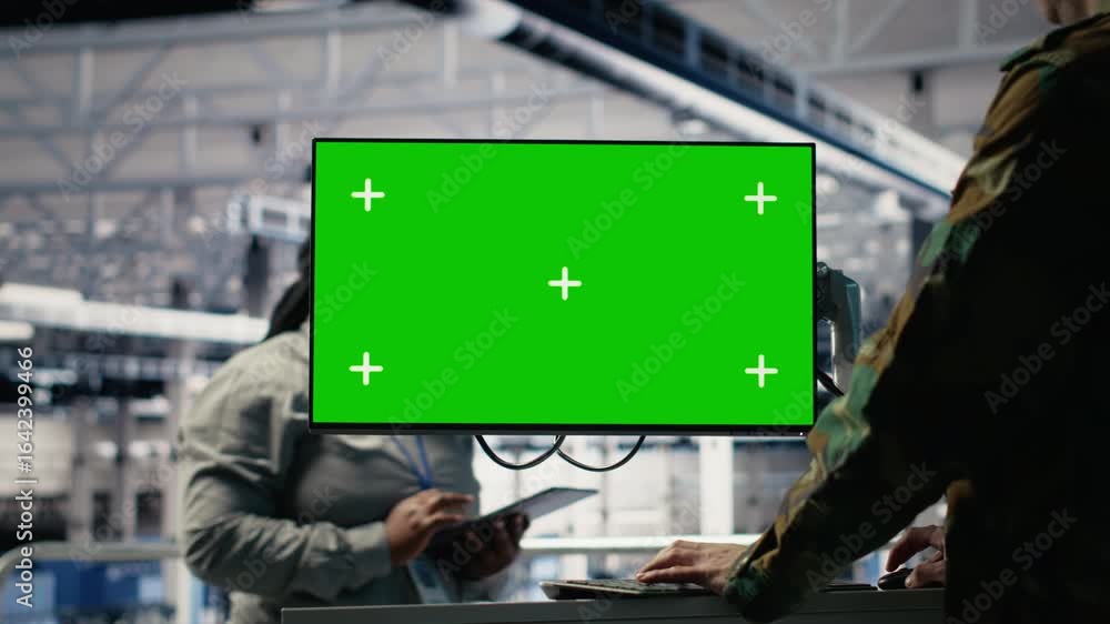Poster army programmer in server hub uses ai application on green screen mockup pc to review reconnaissance