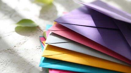 Stack of colorful envelopes with leaf shadow paper