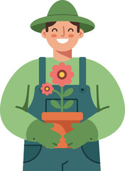 Gardener holding potted plant with red flowers in green hat and gloves vector illustration 