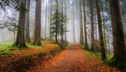 Fototapeta premium a winding path through a misty forest with tall trees and fallen leaves on the ground
