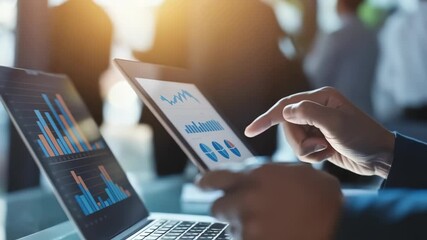 A person analyzes data on tablet, laptop, using graphs, charts to visualize financial information, indicating strategic planning, investment analysis in bright, professional setting - Powered by Adobe