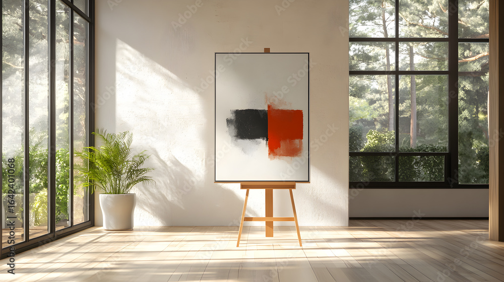 Poster modern abstract painting on an easel in a bright studio with large windows