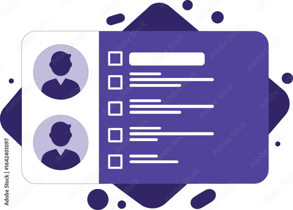 Poster user profile and checklist interface concept in purple for digital communication and task management