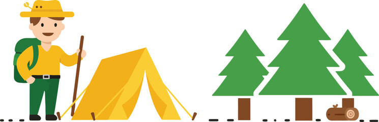 Fototapeta premium Male hiker camping with yellow tent and green pine trees outdoor adventure scene vector illustration 