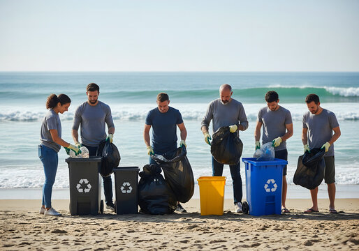 A group of six diverse people, with gloved hands, standing on a beach and sorting garbage into recycling bins