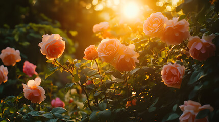 Sunset garden pink rose orange flower warm light nature floral summer outdoor romantic soft focus blooming green leaf