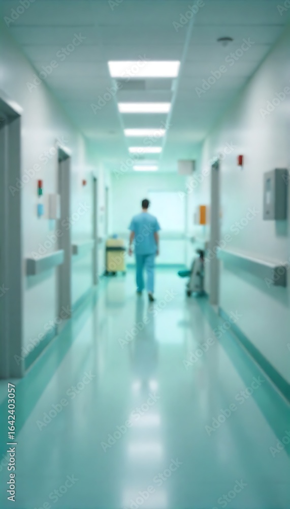 Poster generative ai anonymized figure traversing an illuminated medical corridor with doors and
