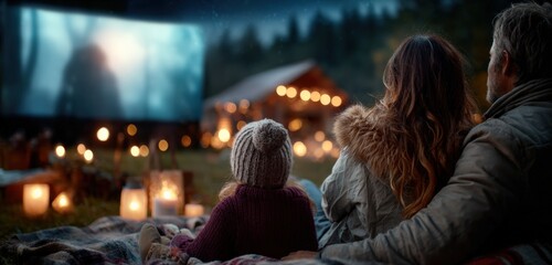 Fototapeta premium Family enjoying a movie night outdoors, surrounded by candles and string lights, creating a cozy atmosphere