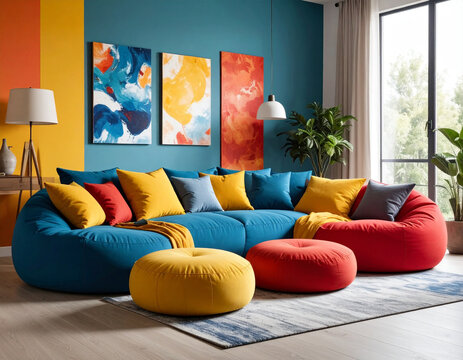 Creating a colorful modern living room stylish bean sofa arrangement indoor space interior design bright environment inviting concept