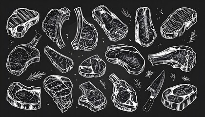 Various cuts of steak, detailed illustration