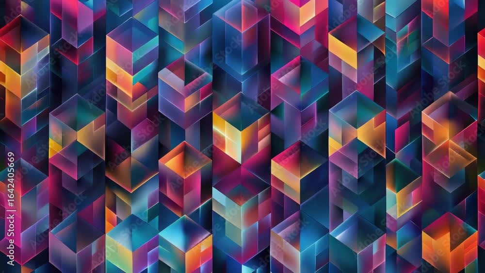 Poster multi-colored geometric shapes in a grid pattern with warm colors.