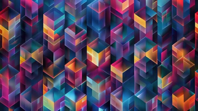 Multi-colored geometric shapes in a grid pattern with warm colors.