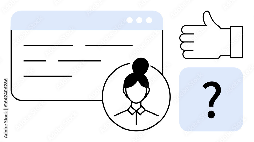 Aufkleber browser tab with user avatar, thumbs-up sign, and question mark box represents feedback, support, an