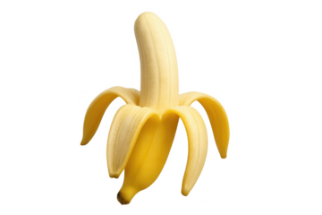 Ripe banana partially peeled on transparent background