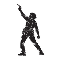 Fototapeta premium Silhouette of a determined male police officer in uniform holding a handgun raised triumphantly in the air against a white background