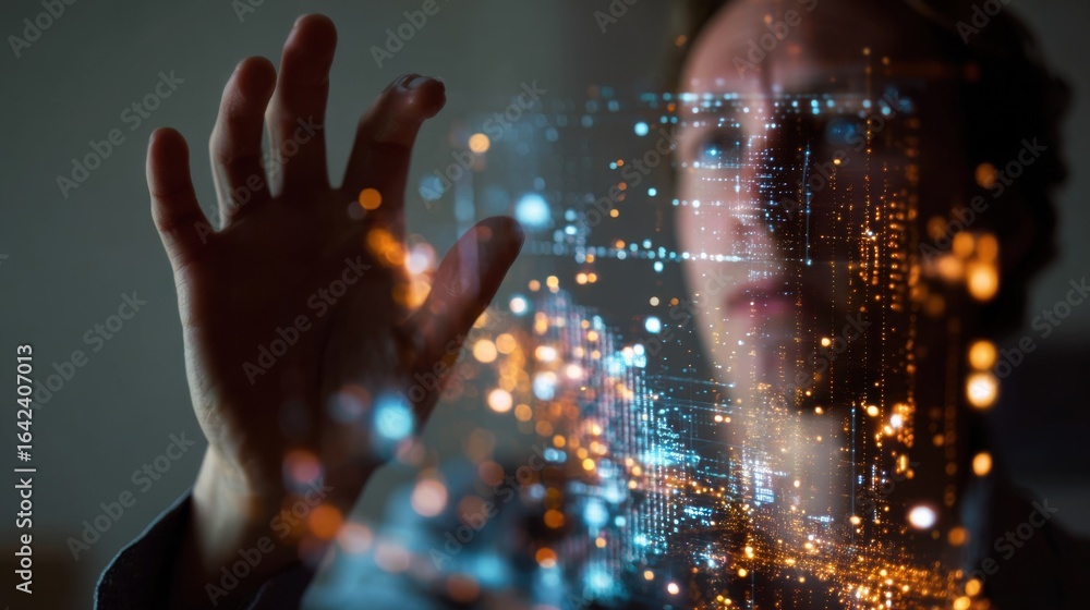 Poster medium shot capturing a data scientist interacting with glowing ai matchprediction metrics on a floa