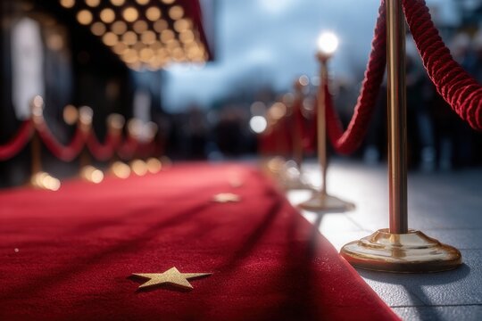 Long red carpet adorned with golden stars and elegant barrier ropes inviting guests to a glamorous VIP event filled with excitement