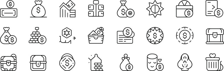Collection of black and white line art icons representing money and finance vector