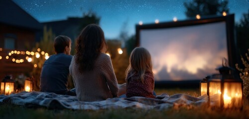 Family watching movie on inflatable screen in backyard under beautiful starry sky, enjoying cozy evening together