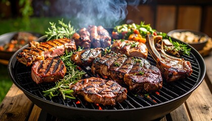 Various grilled meats on a barbecue