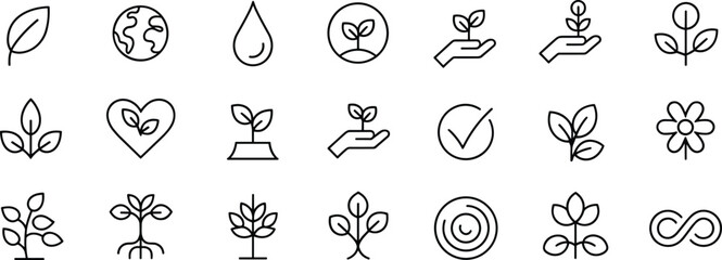 Collection of black outline icons representing nature growth and sustainability concepts leaf plant