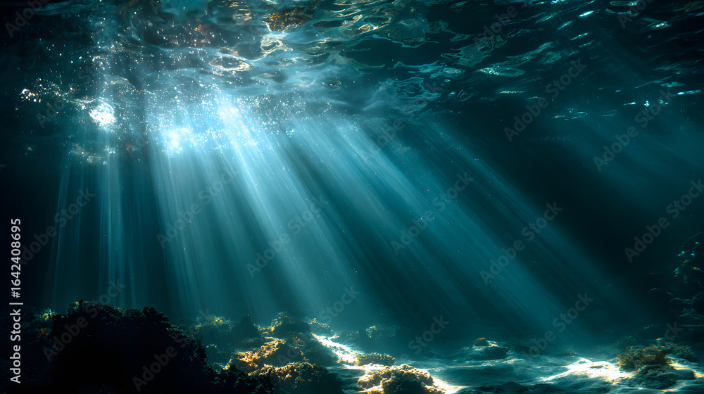Aufkleber underwater scene showcasing shimmering light rays filtering through water, creating a serene and tra