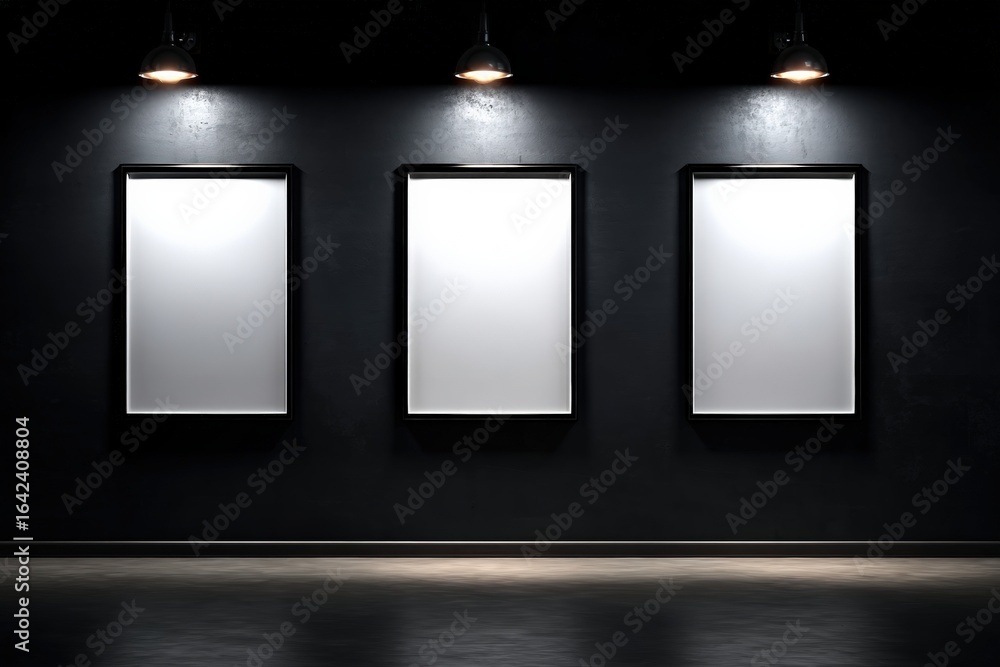 Poster three vertical blank frames hanging on a dark wall are illuminated by spotlights in an empty gallery