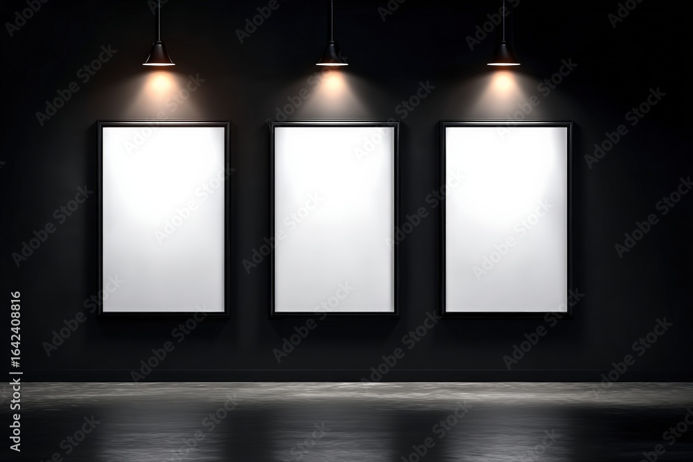 Poster three vertical rectangular empty frames are hanging on a dark wall and illuminated by spotlights in 