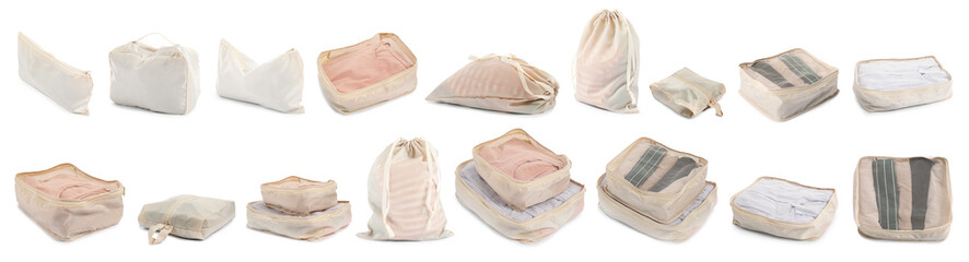 Packing cubes with clothes isolated on white, set