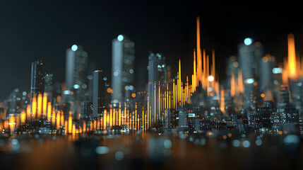 Advanced digital financial data analysis with glowing holographic charts and futuristic cityscape background